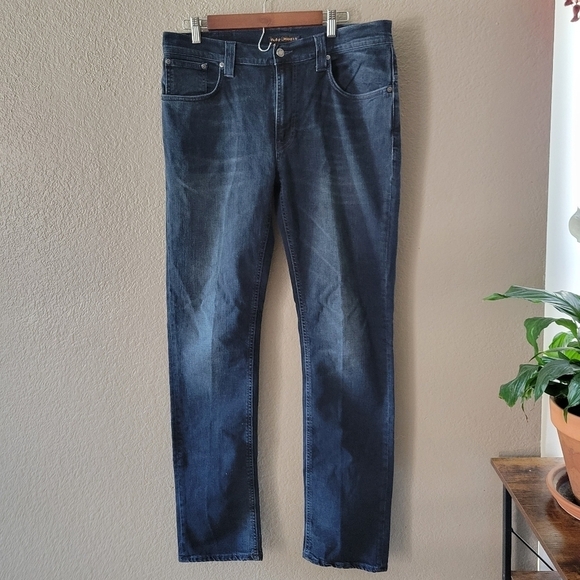 Nudie Jeans Dark Wash Organic Cotton Mens Slim Thin Finn Denim Jeans - Picture 2 of 16